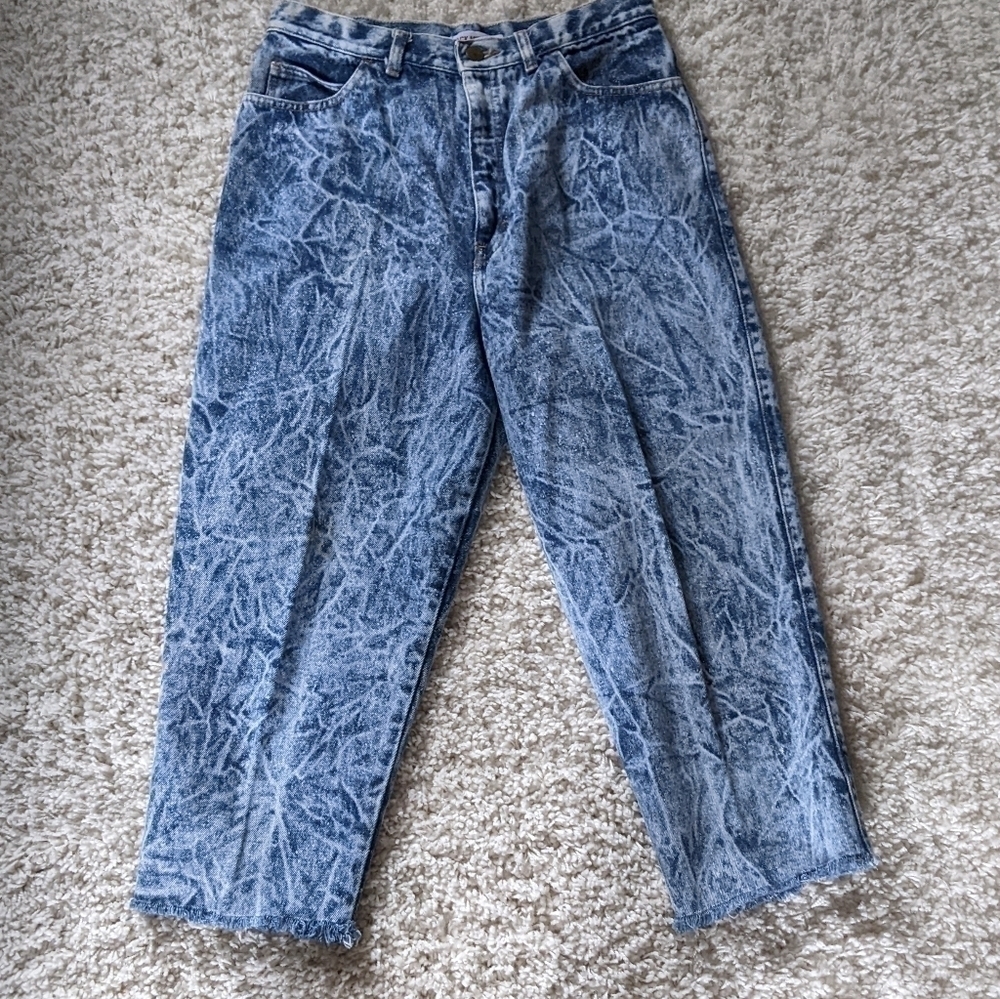 Vintage 1980s Acid Washed High Waisted Jeans Cropped Frayed Hem Size 13/14